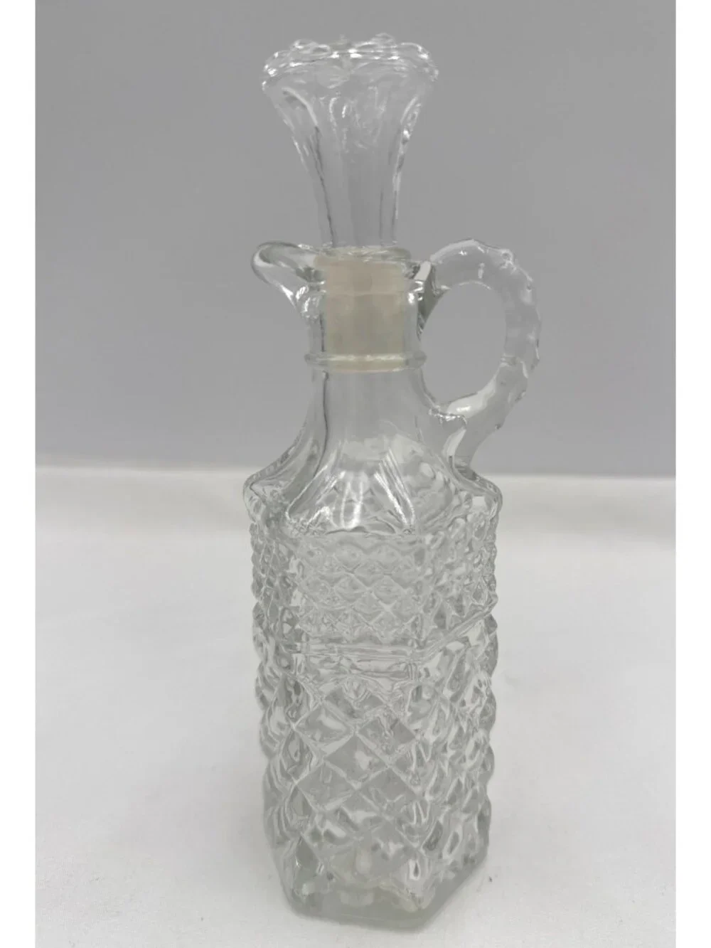 Vintage Glass Oil & Vinegar Cruet W/ Stopper Diamond Pattern Clear Glass